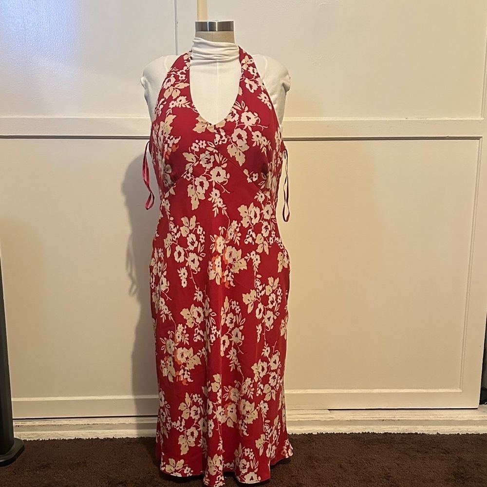 LOFT Red and Cream Backless Floral Dress